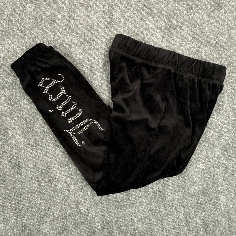 Juicy Couture Girls Medium 8-10 Black Velour Rhinestone Jogger Pants Y2K NWT